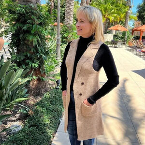 Long Sweater Vest Heather Khaki/Brown Open Front Pockets Cozy Soft Short Sleeve
